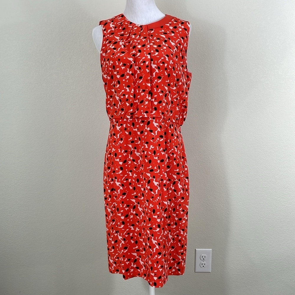 Hugo Boss 100%‎ silk sleeveless knee length red white dot dress size 8